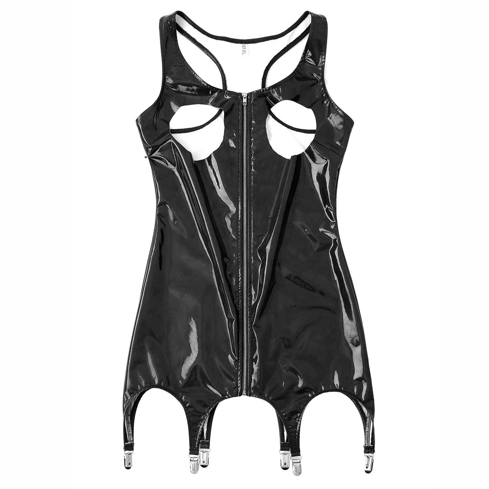 Sexy Damen offene Tasse Lack leder Mini kleider mit Strumpf clips ärmellosen Reiß verschluss aushöhlen Kleid Wet Look Party Clubwear