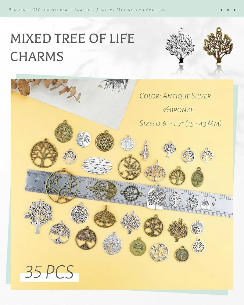 35 PCS Mixed Tree of Life Charms Pendents DIY for Necklace Bracelet Jewelry Making and Crafting, Antique Silver&Bronze Tones