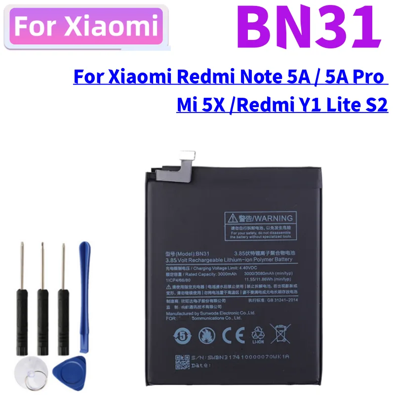 BN31 Battery For Xiaomi Redmi Note 5A / 5A Pro Mi 5X Mi5X A1 MiA1 Redmi Y1 Lite S2 3000mAh Phone Batteries