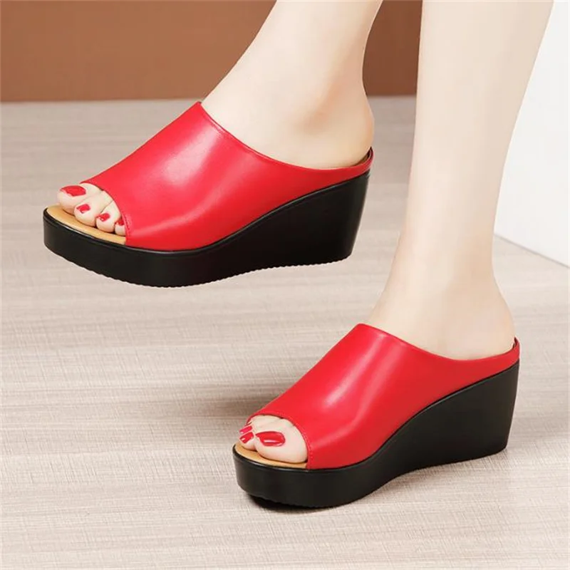 Women Summer Slippers Women Wedges Heels Fashion Summer Genuine Leather Shoes Platform sandal size 32 43