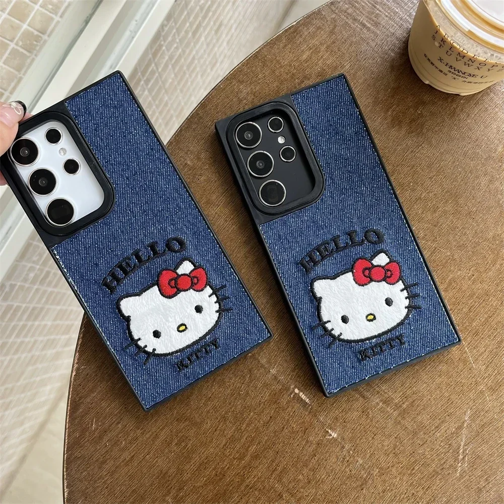 Cute Cartoon Sanrio Hello Kitty Denim Fabric Embroidery Phone Case For Samsung Galaxy S 24 23 Ultra Puls Leather Hard Cover