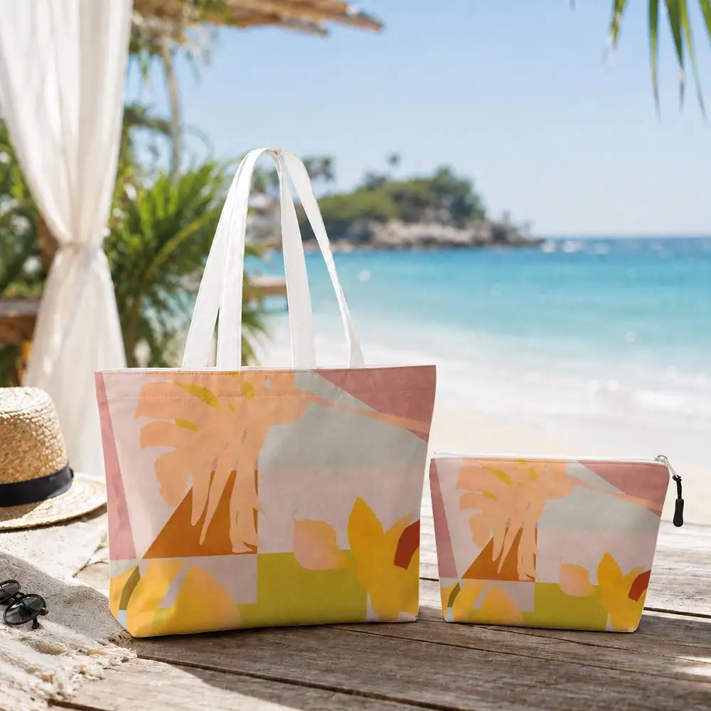 Morandi Geometric Abstraction Storage Bags Canvas Double-Sided Print Set 2PC Makeup Pouch Set with Zipper for Picnic Travel