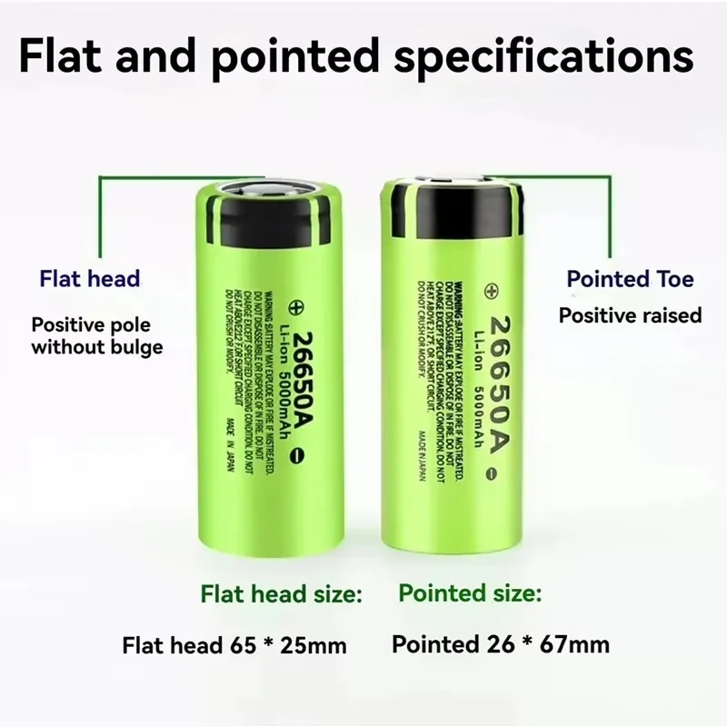 4.2V 26650 Battery 5000mAh Capacity Rechargeable Power Batteries 26650 Lithium Battery with Aluminium alloy Mini Flashlight