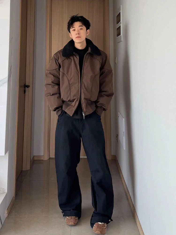 

Мужская зимняя утепленная куртка из хлопка с воротником из деконструированного меха ягненка в американском стиле