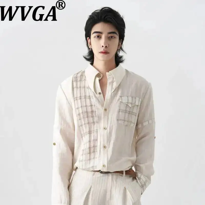 WVGA Summer New Men Heart-shaped Collar Color-Blocked Textured Trendy Long Sleeved Linen Shirt Niche Chic Casual Tops Ins W24737