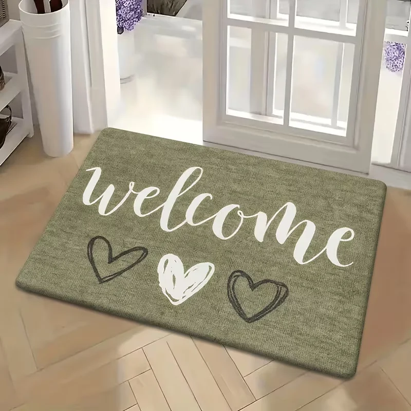 Olive Green Welcome Hand Drawn Heart Doormat Non Slip Entry Rug Minimal Lettering Soft Floor Mat Entryway Bedroom Home Decor