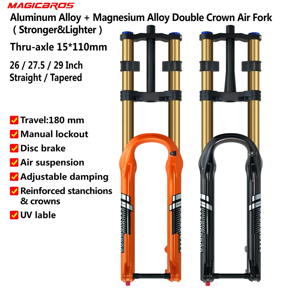 

Вилка амортизационная MAGICBROS MTB с двойной короной, пневматическая, труба 36 мм, сквозная ось 15*110 мм, для горных велосипедов 27.5/29 дюймов