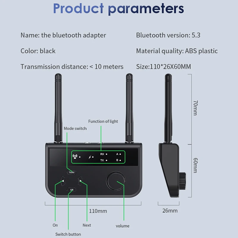 멀티포인트 블루투스 5.3 오디오 송신기 수신기, 3.5mm AUX 2 RCA 스테레오 음악 무선 어댑터, 자동차 TV PC 스피커용, 2-in-1