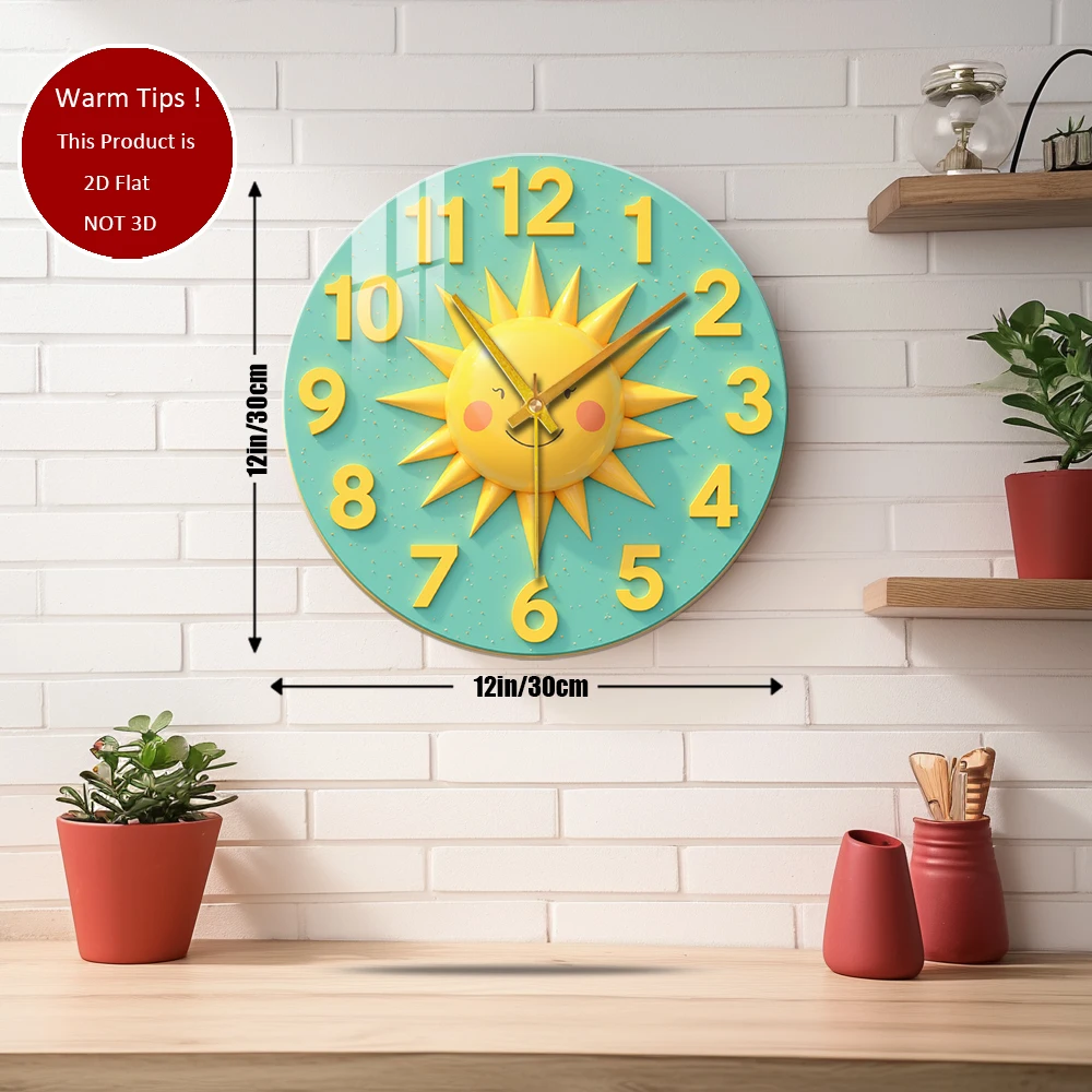 Tempered Glass Wall Clock Sun Clock Face Numbers Smile Yellow Suitable For Wall Decor or Tabletop Display Anywhere