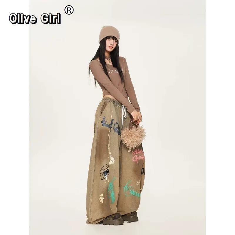 Olivegirl 힙합 데님 청바지 아메리칸 레트로 하이 스트리트 댄스 팬츠 그래피티 빈티지 바지 재즈 걸스 캐주얼 바지 트렌디
