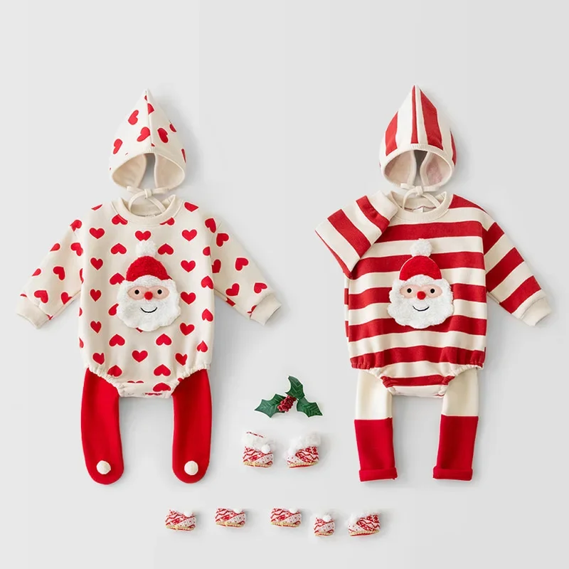 Maglione natalizio per bambini Babbo Natale Pagliaccetto a maniche lunghe Cappello Cuore Rosso Bianco a strisce Bambini Felpa per bambini Pantaloni Set di abbigliamento