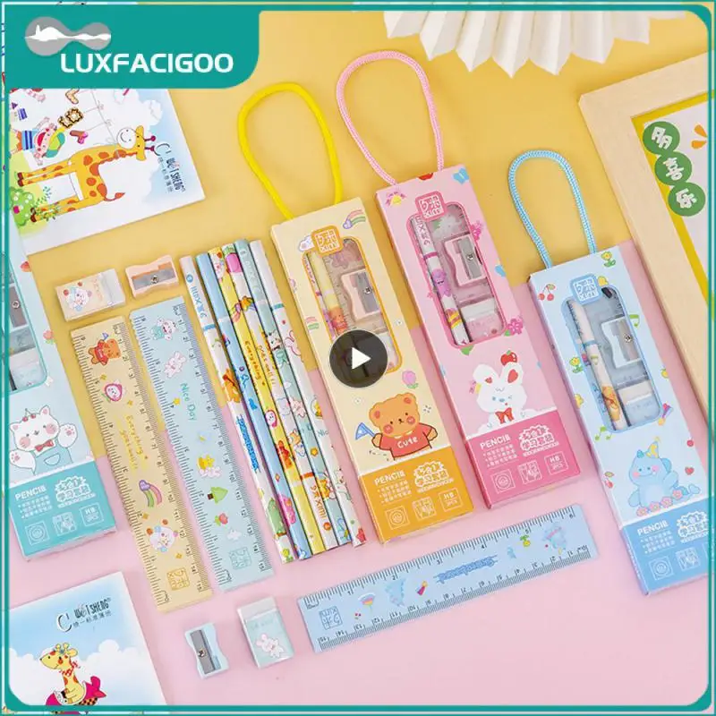 Eraser Cartoon Students Stationery Five-piece Set Children Security Ruler Writing Supplies Essential Cartoon Stationery Set