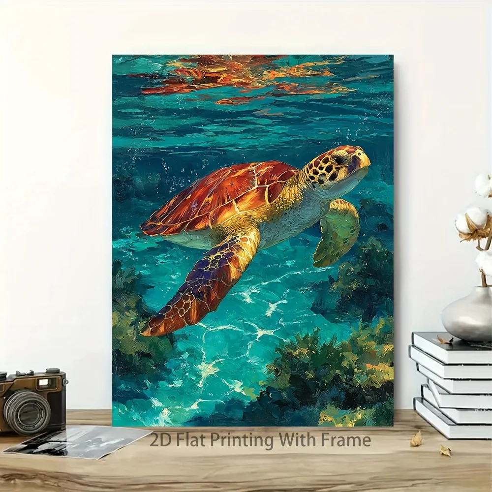 (No frame)2D Flat, 1pc, [2D Flat] with Frame, 12x16inch/16x24inch, Serene Sea Turtle Canvas Art, Underwater Ocean Scene, Mari