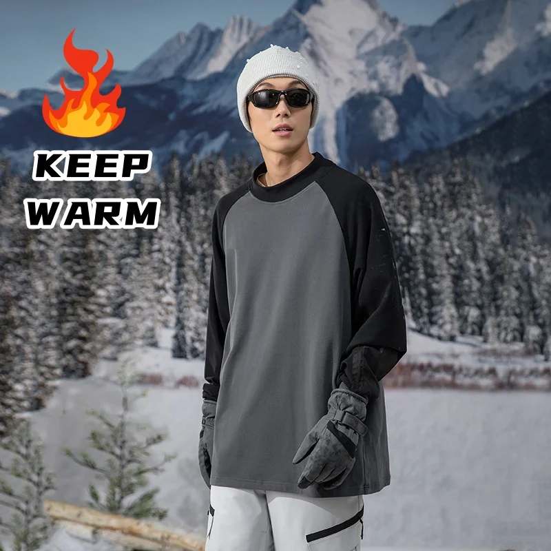 

Warm Solid Patchwork Fleece Ski Outdoor T-Shirt Pullover Sweater Loose Tops Men Winter Hundred Bottom Shirt Body Shirt Velvet