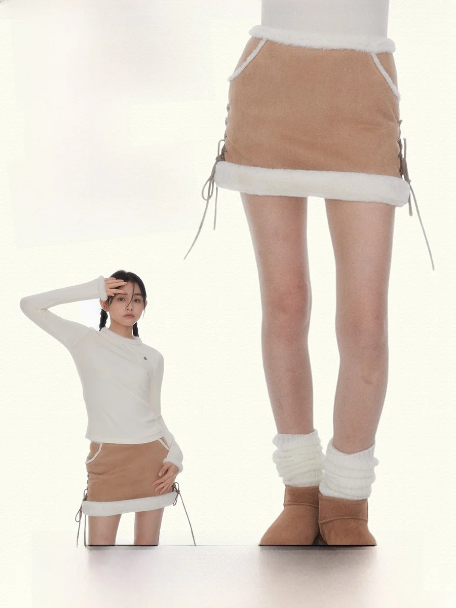 BENAND Original Brown Winter Thickened Warmth Suede Fur Integrated Belted Half Skirt High Waist A-Line Short Skirt Polyester ...