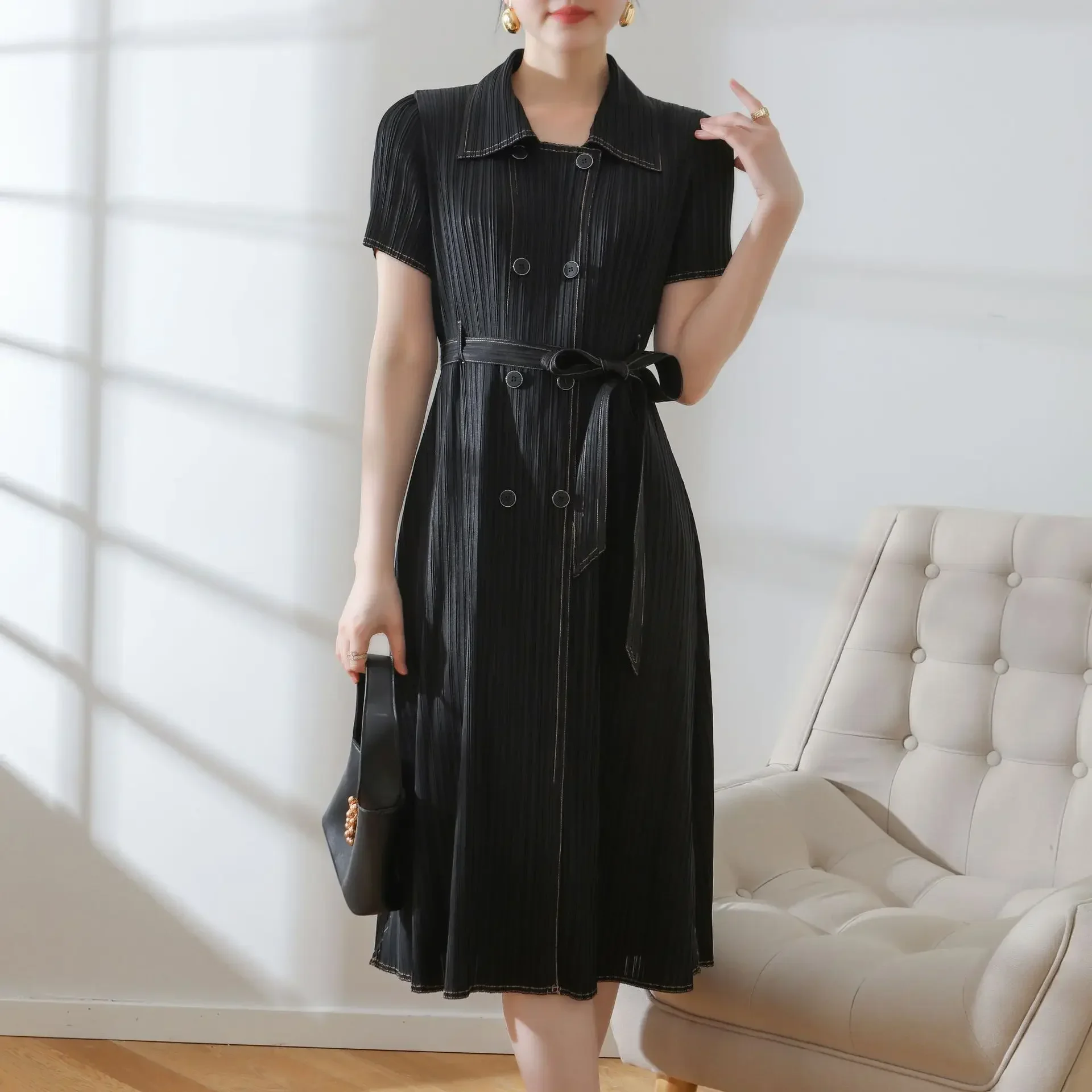 

Pleats Pleated Dresses 2025 Early Spring New High-end Pleated Double-breasted Casual Lace-up Thin Trench Coat Jacket Clothing