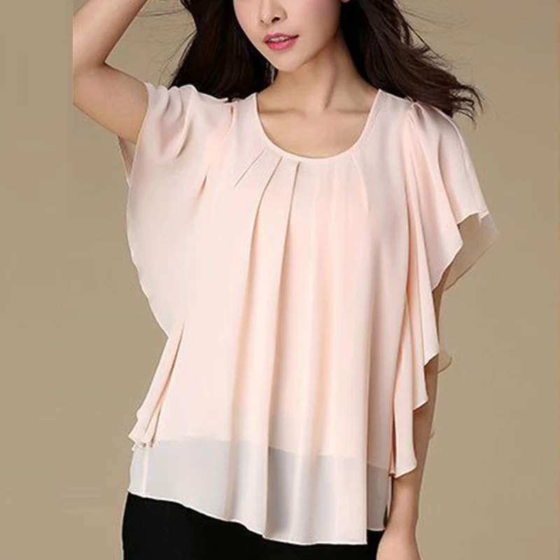 Summer New Oversized Casual Fashion Pleated Solid Chiffon Shirt Ladies Short Sleeve Loose All-match Pullover Blouse Top Women