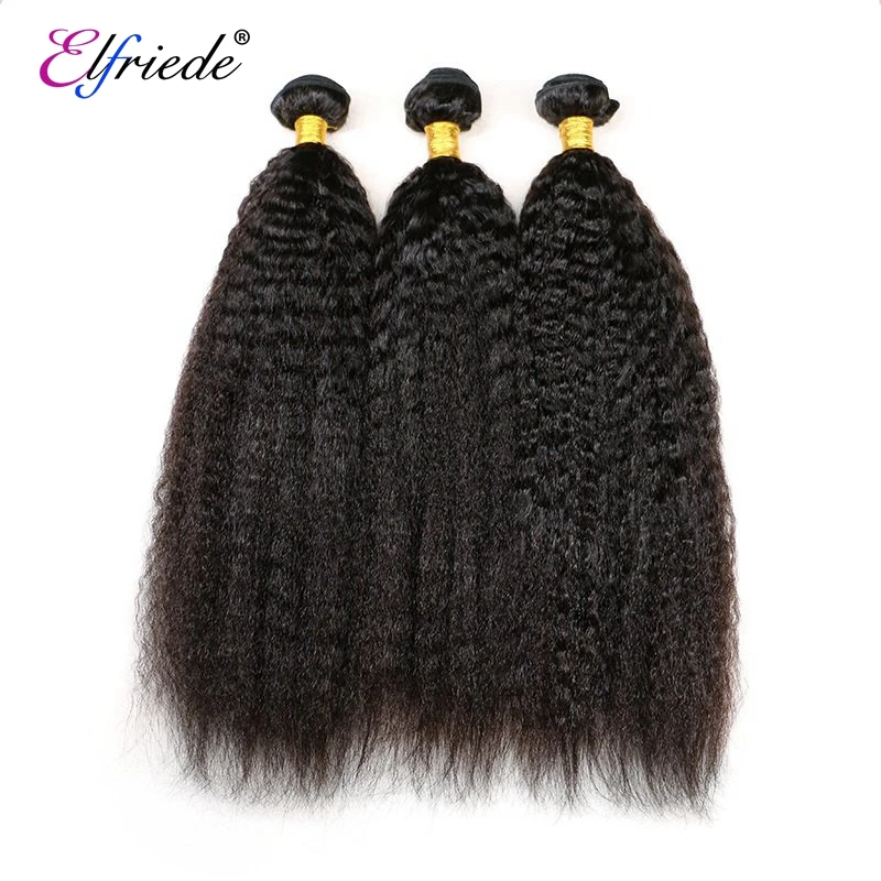 

Elfriede Natural Black Kinky Straight Human Hair Bundles Brazilian Remy 3/4 Bundles Deals Machine Double Hair Weaves Extensions