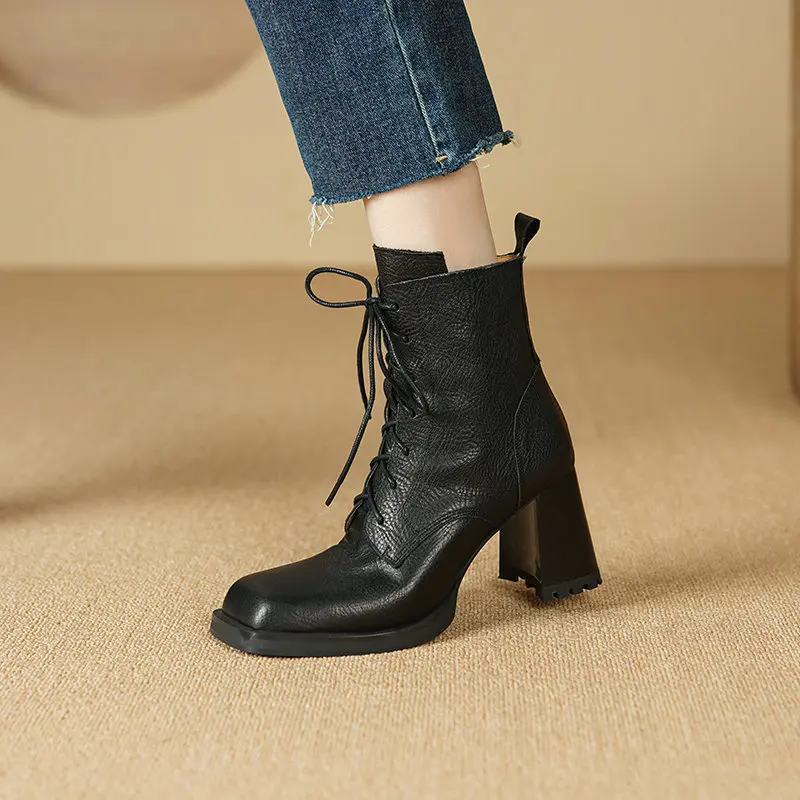

2025 Square-toed Women Boots Genuine Leather High-heeled Modern Boots Lace-up Autumn Party Shoes