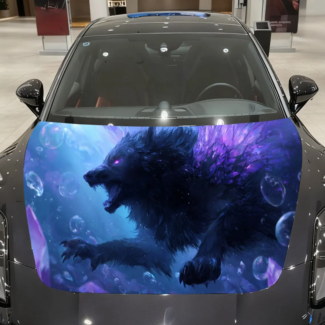Fantasy Sea Crystal Wolf Car Vinyl Wrap, PVC Material Waterproof Car Hood Sticker, Self-Adhesive Scratch-Resistant Stickers for