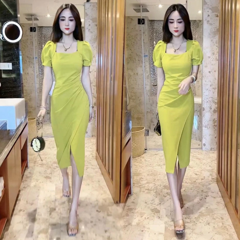 Popular Fashion Dress Women's 2023 Summer New Age Reducing Square Neck Bubble Sleeve Slim Fit Slim Split Dress