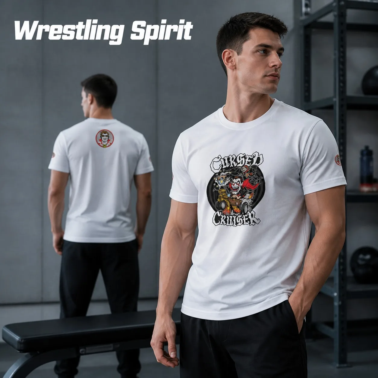 Men's White Round Neck T-shirt With Retro Cartoon Devil Clown Pattern Printed Casual Wrestling Fan Street Sports T-shirt