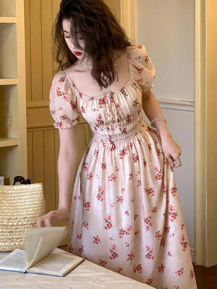 Women Vintage Sweet Lace-up Boho Dress Summer Fashion Casual Print Short Sleeve Square Neck Floral Corset Long Dresses Vestidos