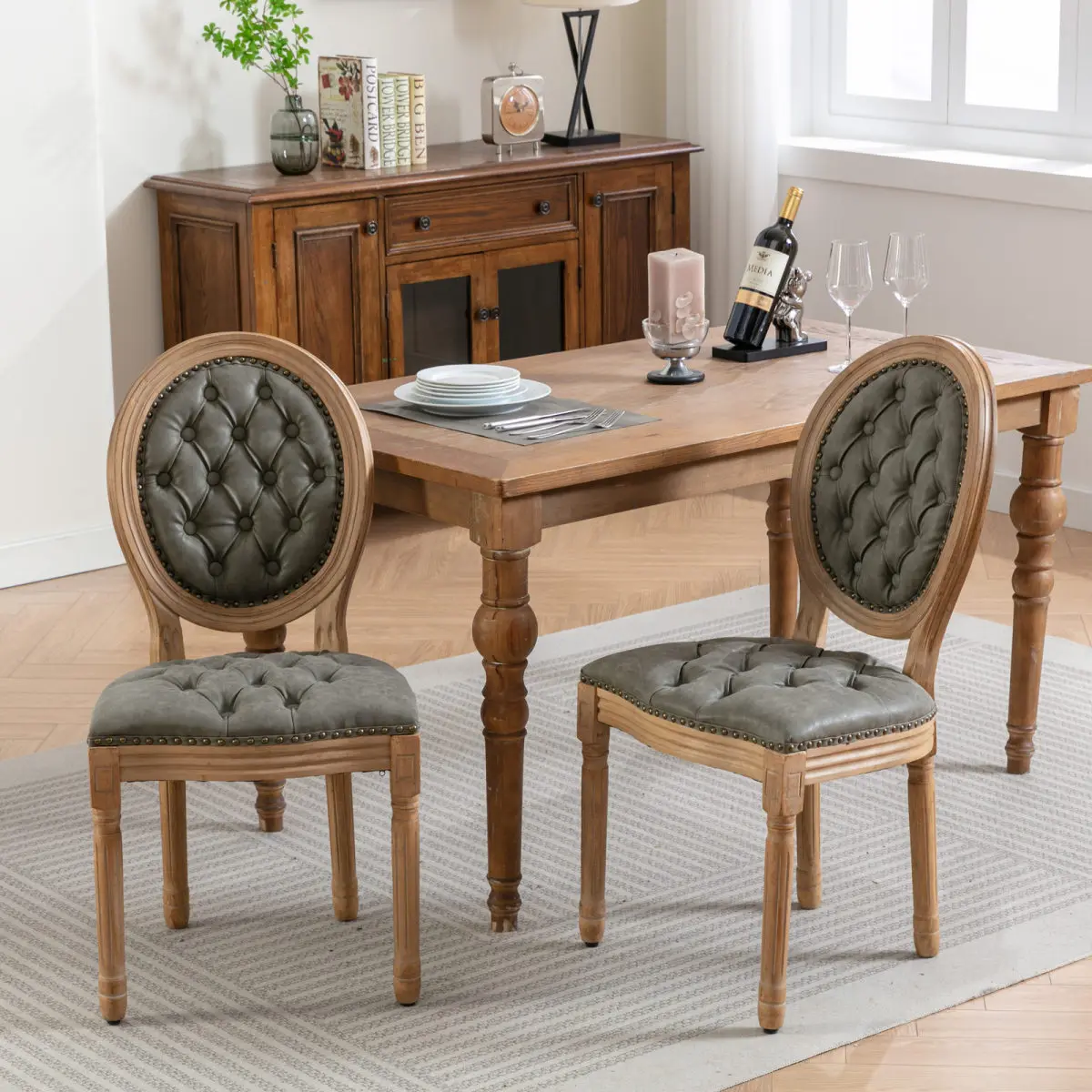 French Style Solid Wood Frame Antique Painting,Hand-pulled buckle decoration PU artificial leather Dining Chair with Nailhead Trim ,Wood Legs,Set of 2,White Pine Green,SW1839WP