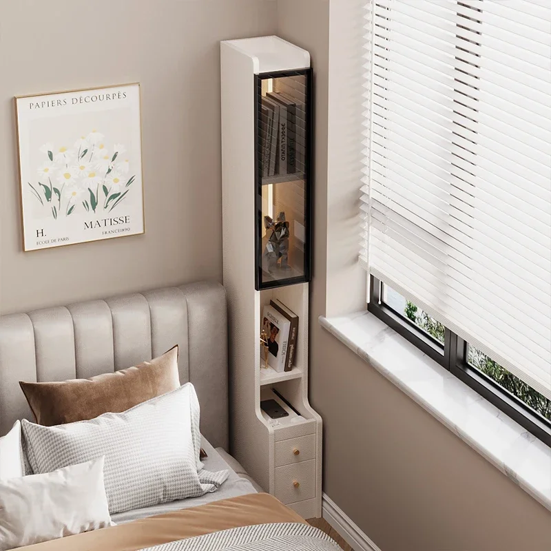 

Bedside High Cabinet Bedroom Bedside Narrow Cabinet White Locker French Cream Wind Bookshelf Integrated Small Apartment Shelf