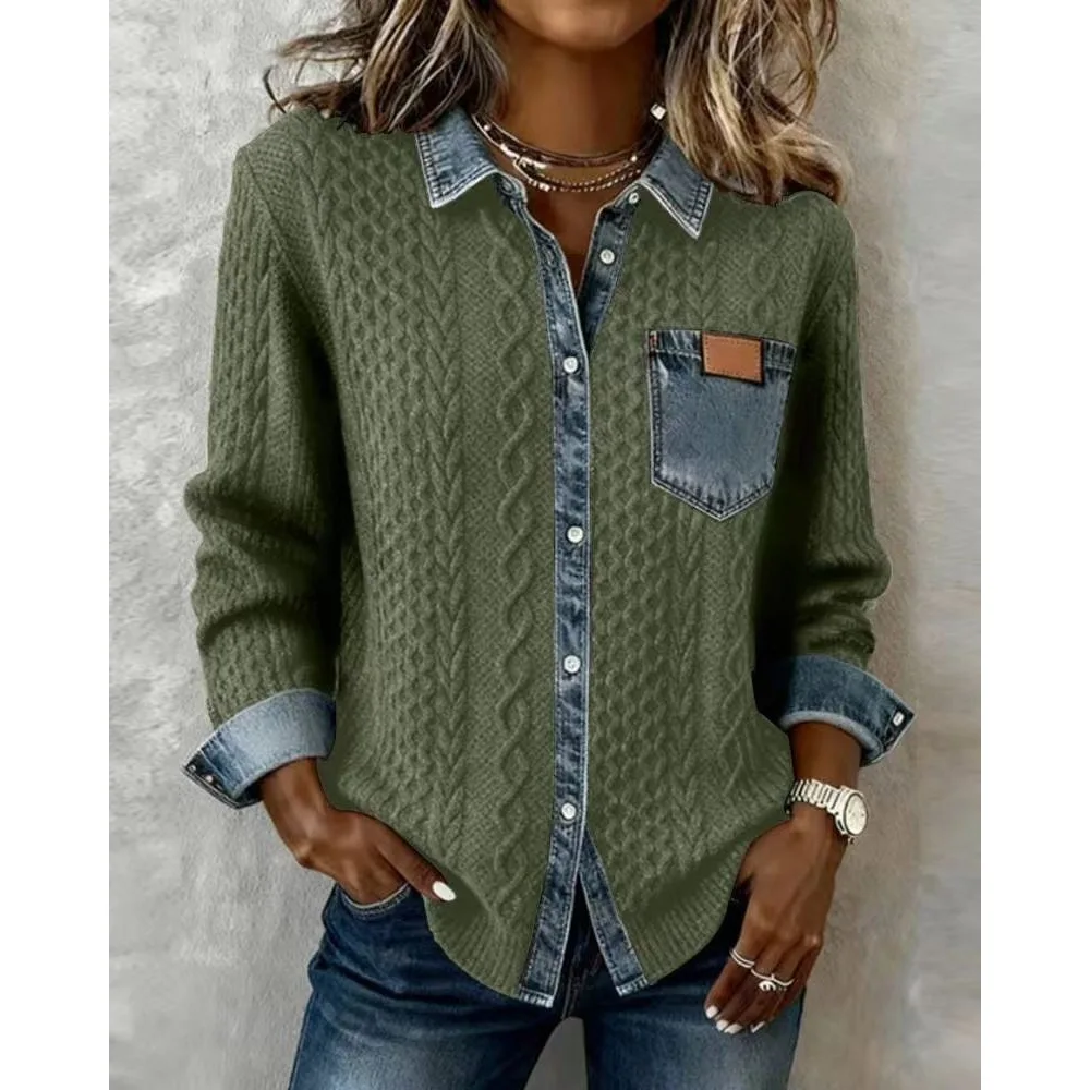 Women knit Denim Shirt Coat Overshirt Vintage Blouse Single Breasted Turn Down Collar Pockets Washed 2025 Office Lady Top Jacket