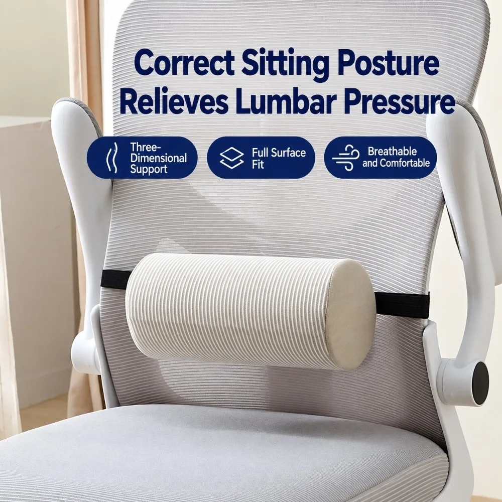 Memory Foam Lumbar Roll Pillow Stripe Cover Adjustable Strap Back Support Cushion Cylinder Shape Fabric Cover Memory Foam Pillow