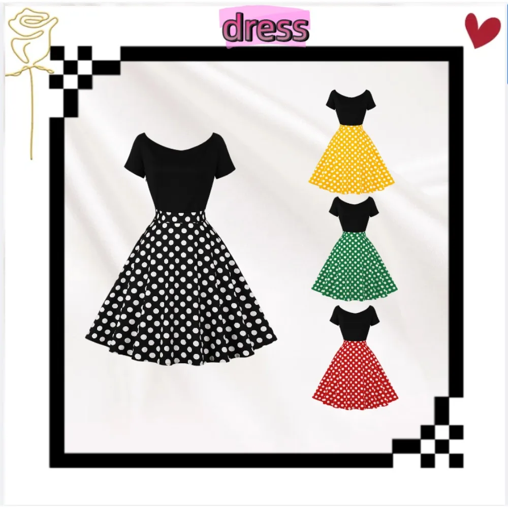 2025 Abito da donna stile retrò Audrey Hepburn - Abito a trapezio a pois color block