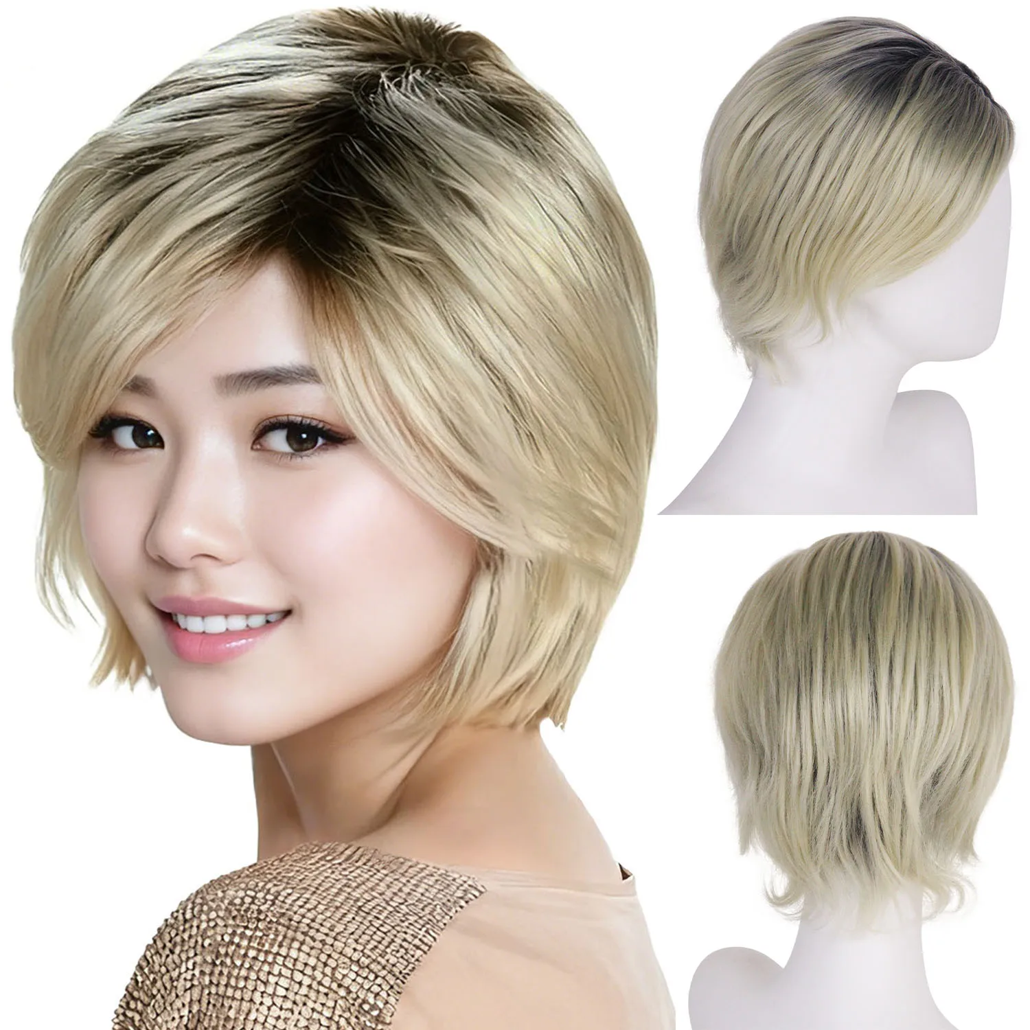 

Синтетические волосы Ombre Светлые парики для женщин Короткие стрижки Боб парик с челкой Ежедневное использование Натуральные прически Парик для пожилых людей для мамы