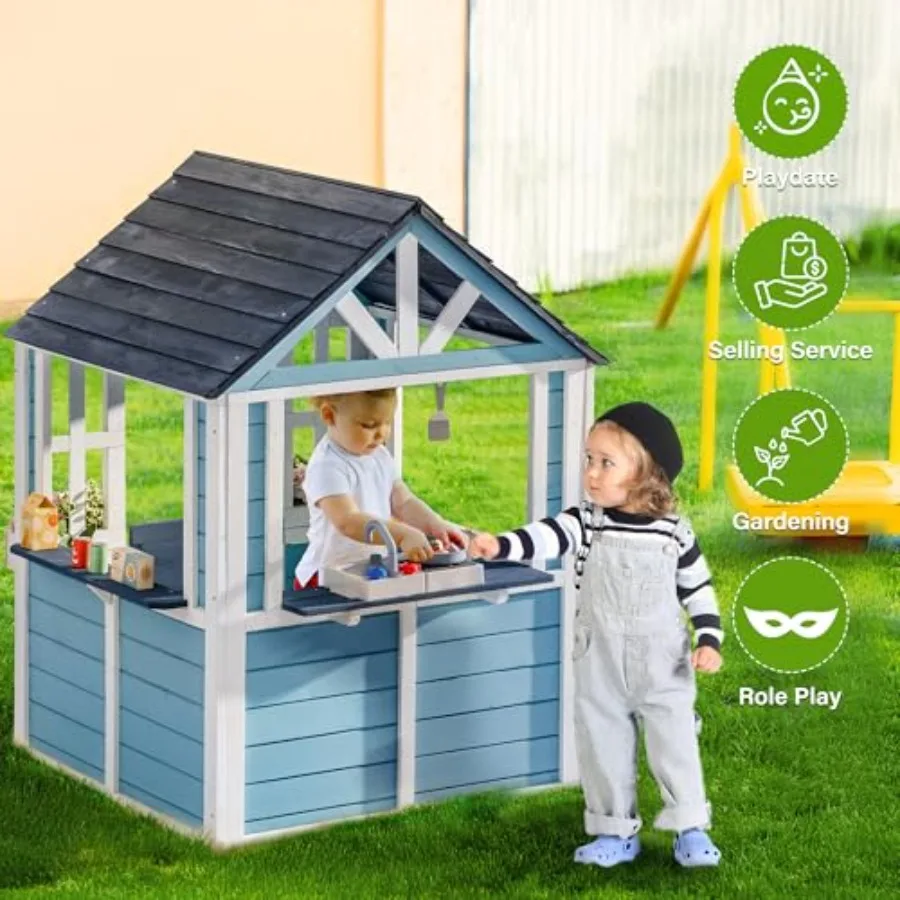 Outdoor wooden playhouse for backyard use, blue finish, featuring sink, stove, cookware, flowerpot holders, and snack bar