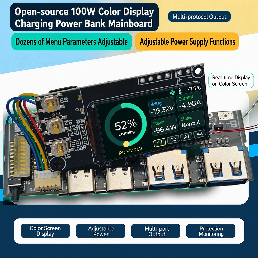 3-5S PD 100W Power Bank DIY Mainboard Bidirectional Super Fast Charging 3S 4S 5S 1.47'' TFT Color Screen MPPT Power Bank Module