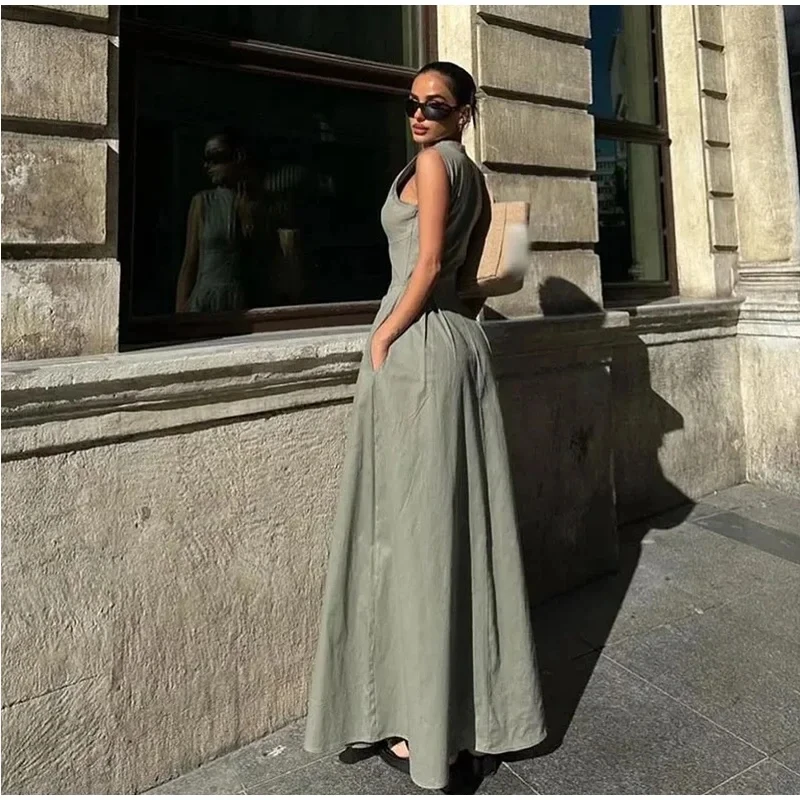 Summer Elegant Solid Sleeveless Women Maxi Dress Fashion V-neck Zipper Slim 2024 Office Lady Commuting Robe