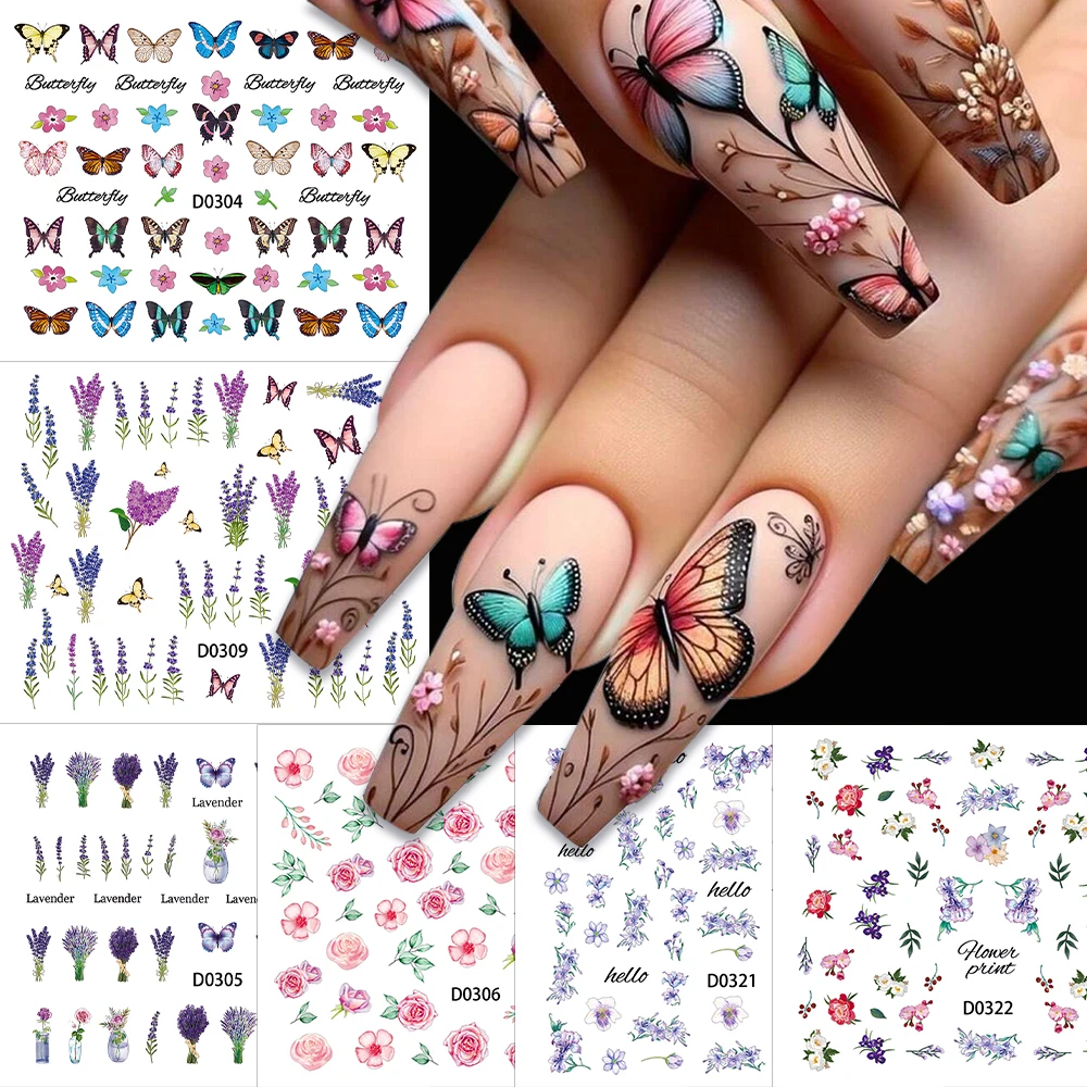 30Pcs/Set Flowers/Butterfly Nail Art Stickers Rose/Sunflower/Lavender Design Adhesive Decals 5.3*6.3cm DIY Manicure Decor Slider