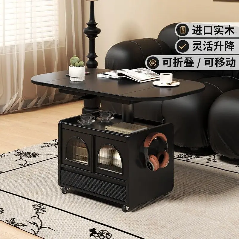 

Solid wood lifting folding coffee table Nordic mobile black living room small apartment tea table sofa tea table dual-purpose