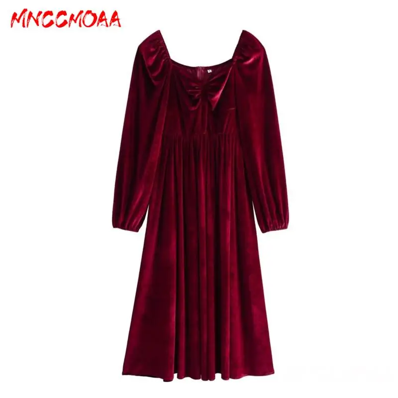 

MNCCMOAA-Women's Vintage Square Collar Party Dress, Female Solid Color Casual Long Sleeve Dresses, Fashion, 2024