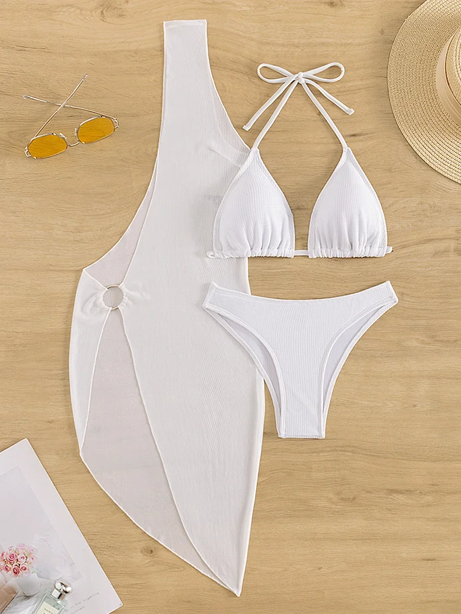 with Long Beach Cover Up Halter Ribbed Bikini Women Swimwear Female Swimsuit Three-pieces Bikini Set Bather Bathing Suit Swim