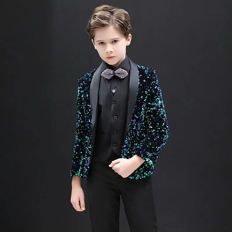 2023 Glitter Handsome Sequin Formal Suits Costume Prom Wedding Kid's Suits Boy Tuxedo Children Clothing Set Cute Party Blazer