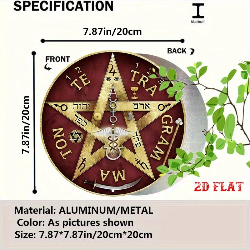 2D Flat, 1pc Occult Symbols Metal Wall Decor - Gothic Pentagram, Chart, Red & Golden Esoteric Design - Heavy-Duty Aluminum Sign