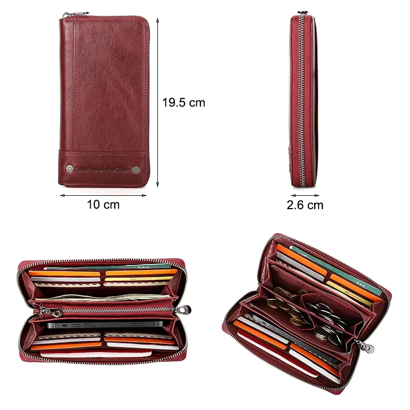 جلد طبيعي المرأة محافظ طويلة حامل البطاقة الإناث محفظة سستة المحفظة للنساء موضة حقيبة صغيرة Rfid Carteras