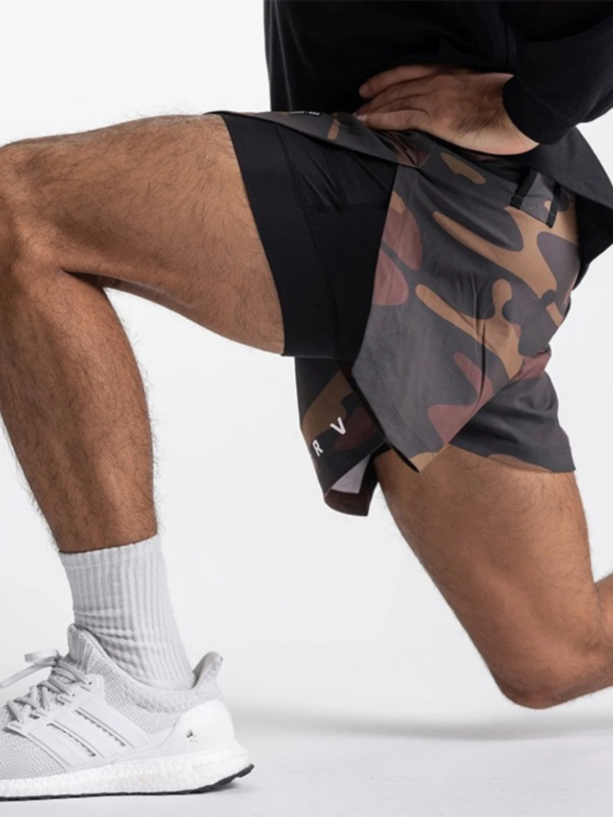  Trendy Fitness Running Shorts Double Layer High Slit Breathable Quick Dry Multi Function Training Squat Athletics Three ...