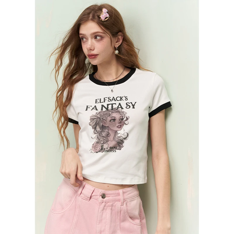 ELFSACK Fantasy Print T-Shirt Women, Sweet Gothic Streetwear Short Sleeve Top Cute Anime Graphic Tee