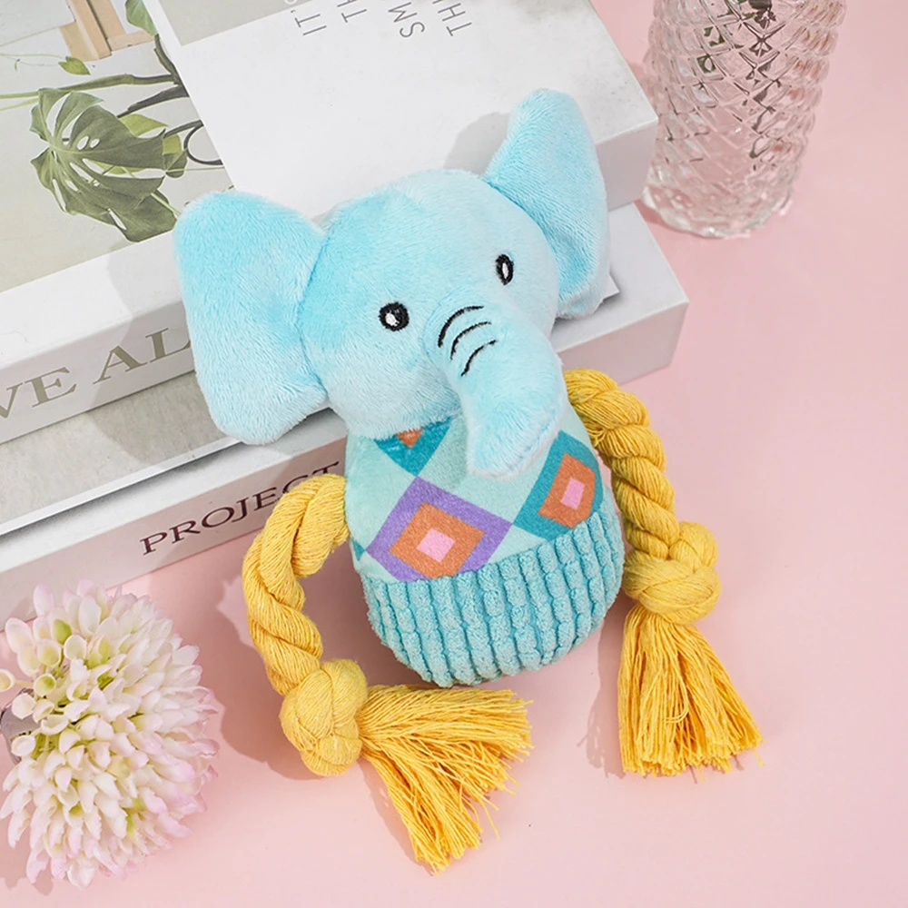 Cartoon Elephant Plush Rope Squeaky Dog Toy Animal Stuffed Chew Toy Knitted Texture With Braided Anxiety Relief Interactive Toy