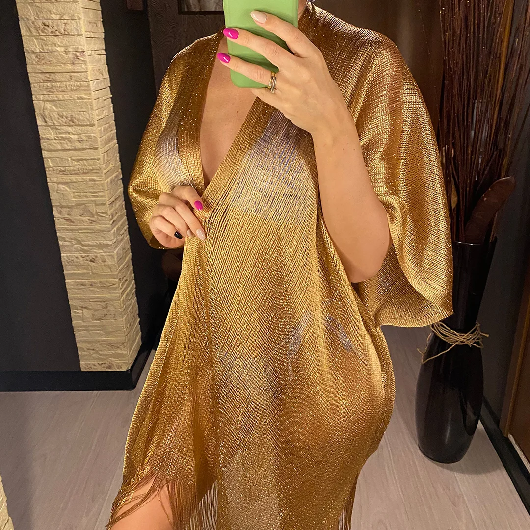 Sexy Fransen-Quasten-Netzstoff-Transparente Glänzende Strick-Tunika Strand-Überwurf Strandkleid Strandkleidung Damen V3321 – Detail 7