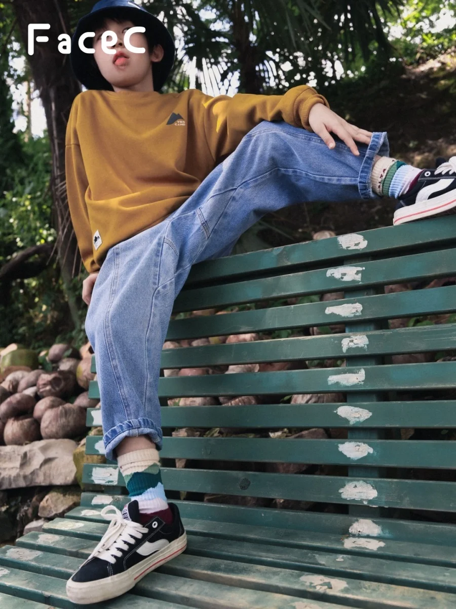 Retro Washed Denim Work Pants Outdoor Loose Fit Boys Kids Clothing Spring Autumn New Style FaceC Kids Jeans Straight Leg Pants