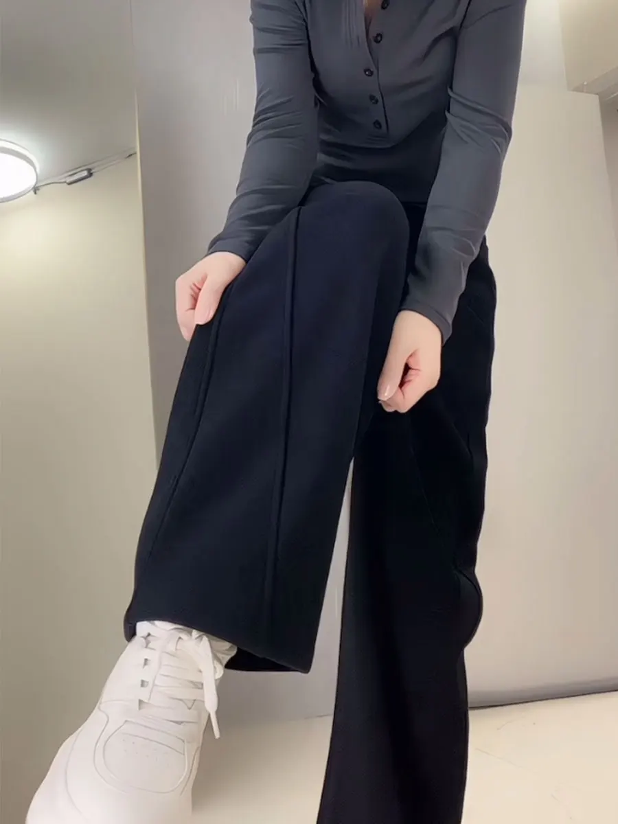 

Зимние женские брюки прямого кроя с широкими штанинами, на флисовой подкладке, с высокой талией, повседневные, модные, больших размеров, длинные, из хлопка, 0 см, с декоративными вставками