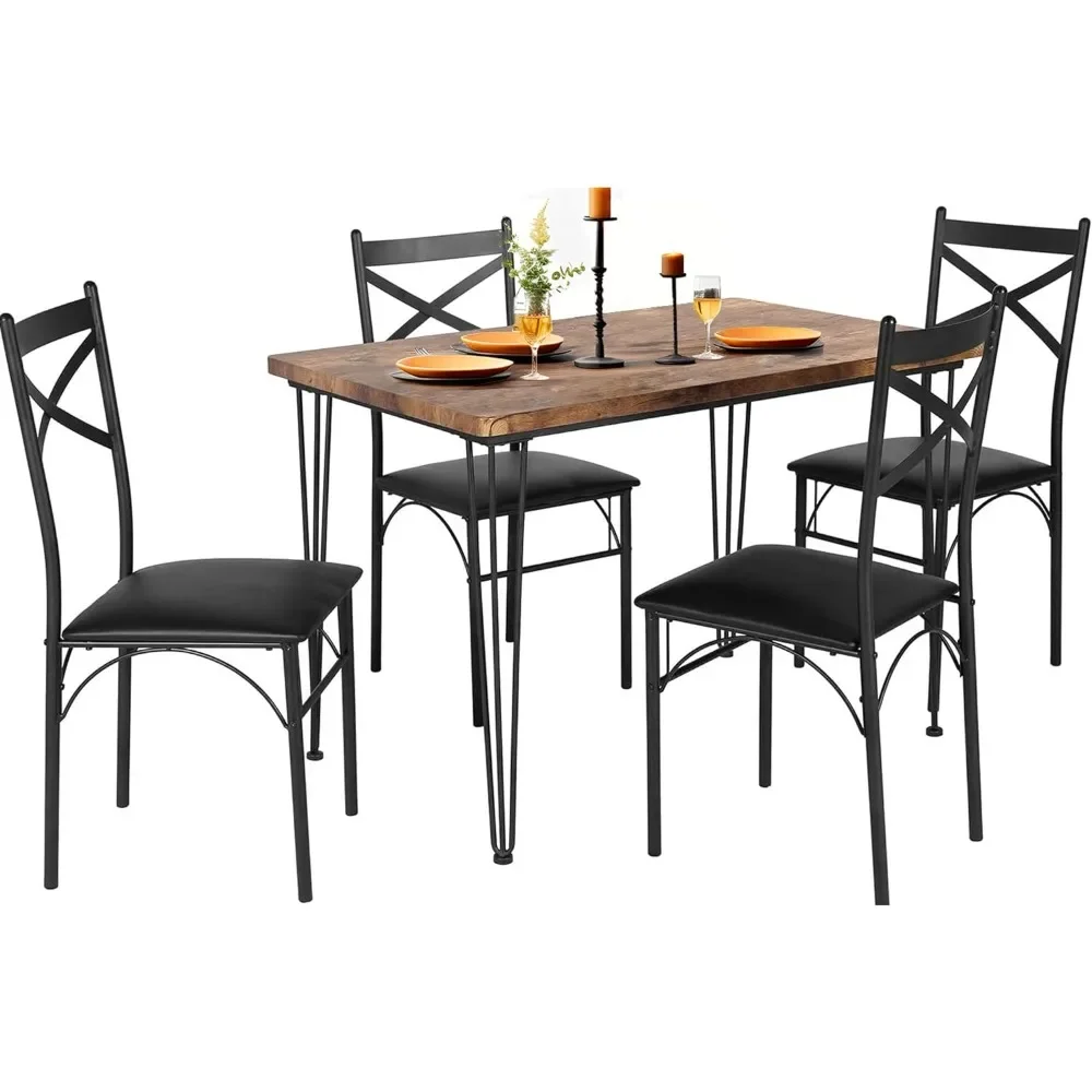 5-Piece Set for Home Kitchen Breakfast Nook, with 4 Chairs, Black, Dining Table for 4, Retro Brown